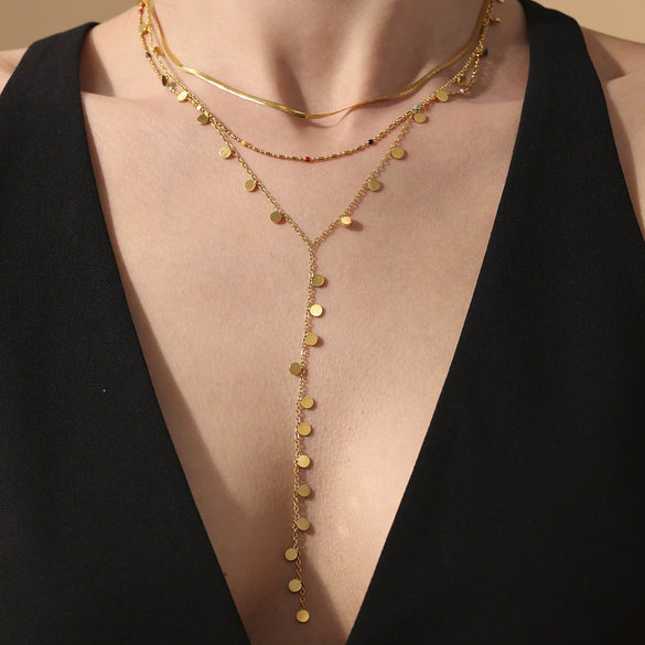 Wholesale Women's Light Luxury Geometric Ferris Wheel Sequin Pendant Tassel Long Yshaped Stainless Steel And Titanium Steel Electroplated Necklace