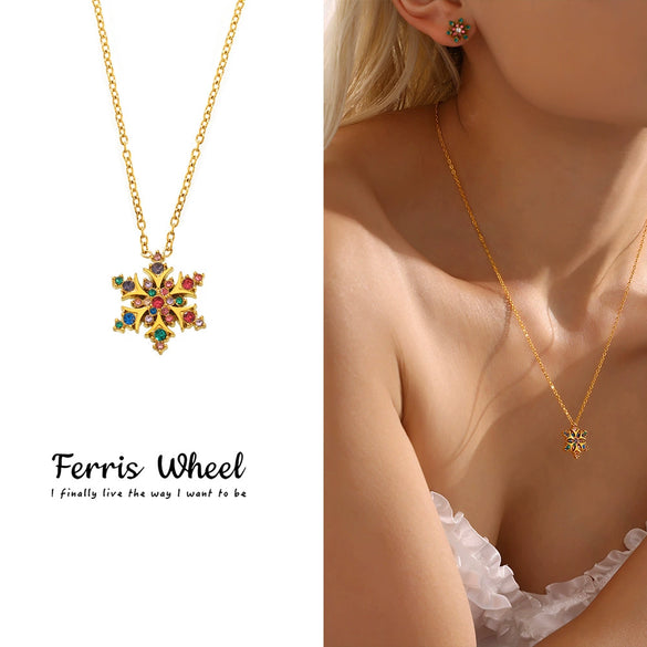 Wholesale Women's Light Luxury Geometric Ferris Wheel Snowflake Zircon Stainless Steel Pendant Clavicle Necklace With 18K Gold Pvd Plating