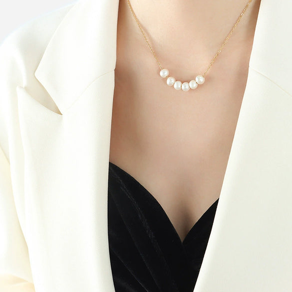 Wholesale Women's Light Luxury Geometric Freshwater Pearl Pendant Necklace With Nonfading Titanium Steel Cross Chain And Electroplating