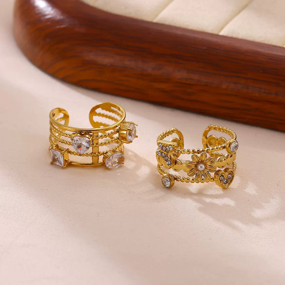 Wholesale Women's Light Luxury Geometric Fruitshaped Zirconinlaid Stainless Steel Goldinlaid Open Ring Accessories