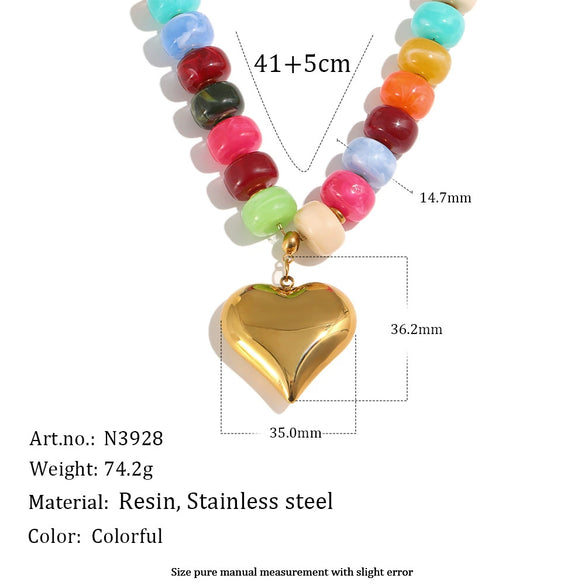 Wholesale Women's Light Luxury Geometric Handmade Stainless Steel 18K Goldplated Heart Pendant Beaded Necklace