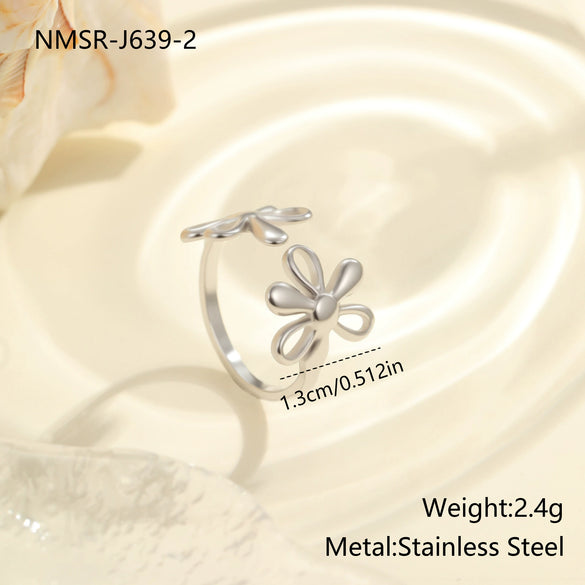 Wholesale Women's Light Luxury Geometric Heart Shape And Flower Pattern Stainless Steel Electroplated Open Ring Hand Jewelry