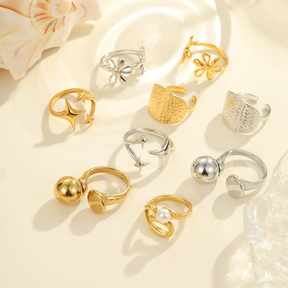 Wholesale Women's Light Luxury Geometric Heart Shape And Flower Pattern Stainless Steel Electroplated Open Ring Hand Jewelry