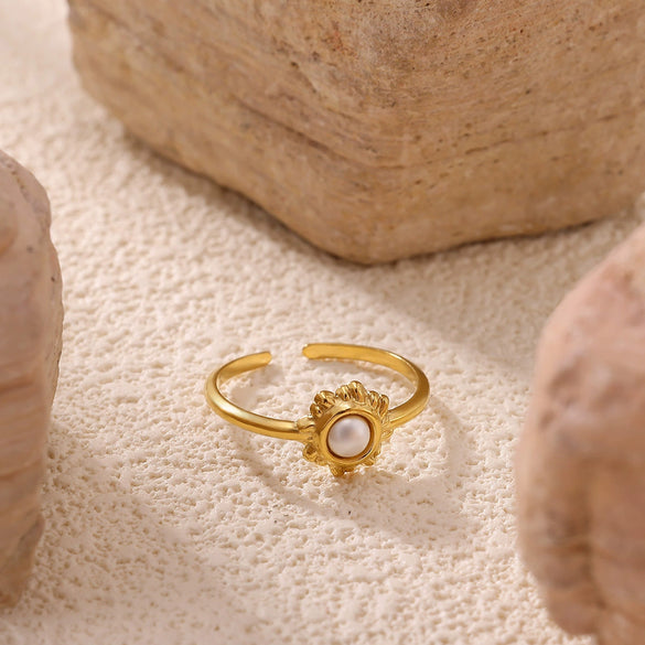 Wholesale Women's Light Luxury Geometric Heart Shape Inlaid With Gold Pearl Titanium Steel Open Ring