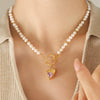 Wholesale Women's Light Luxury Geometric Heart Zircon Pendant Necklace With Natural Freshwater Pearl Chain And Titanium Steel Electroplating