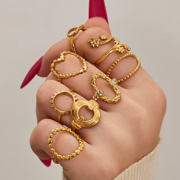 Wholesale Women's Light Luxury Geometric Heartshaped Multishape Electroplated Stainless Steel Open Ring Combination Accessories