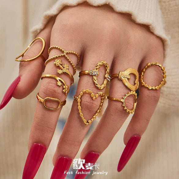 Wholesale Women's Light Luxury Geometric Heartshaped Multishape Electroplated Stainless Steel Open Ring Combination Accessories