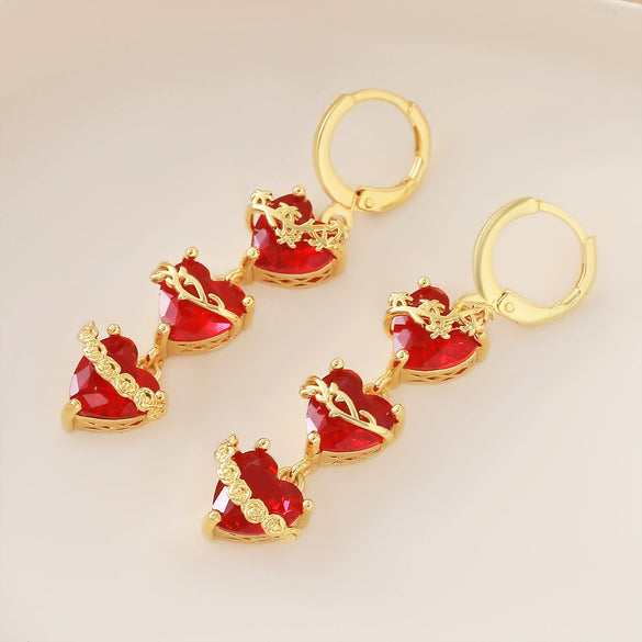Wholesale Women's Light Luxury Geometric Heartshaped Red Rose Zircon Earrings Studs Made Of 925 Silver And Copper With Electroplating