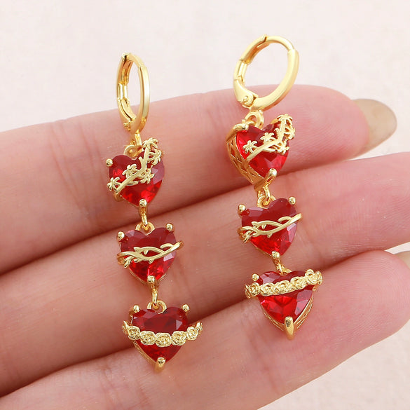 Wholesale Women's Light Luxury Geometric Heartshaped Red Rose Zircon Earrings Studs Made Of 925 Silver And Copper With Electroplating