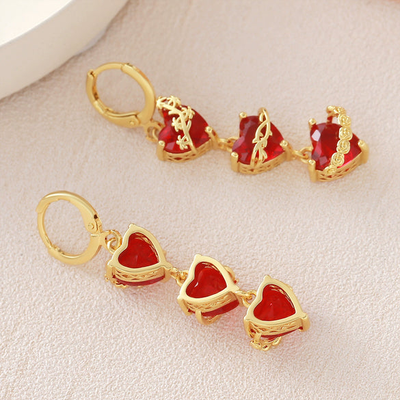 Wholesale Women's Light Luxury Geometric Heartshaped Red Rose Zircon Earrings Studs Made Of 925 Silver And Copper With Electroplating
