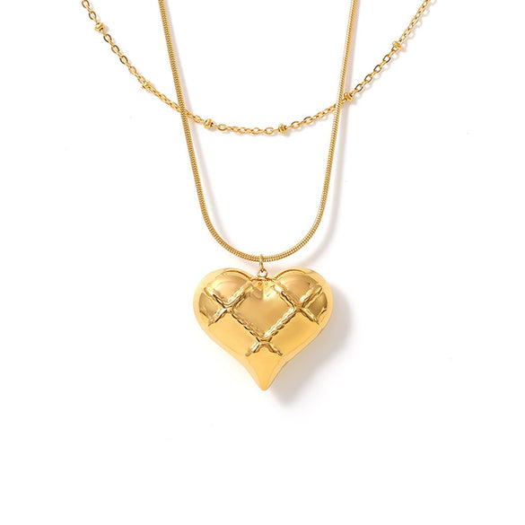 Wholesale Women's Light Luxury Geometric Hollow Check Love Pendant Necklace Stainless Steel 18K Gold Plated Regular Chain