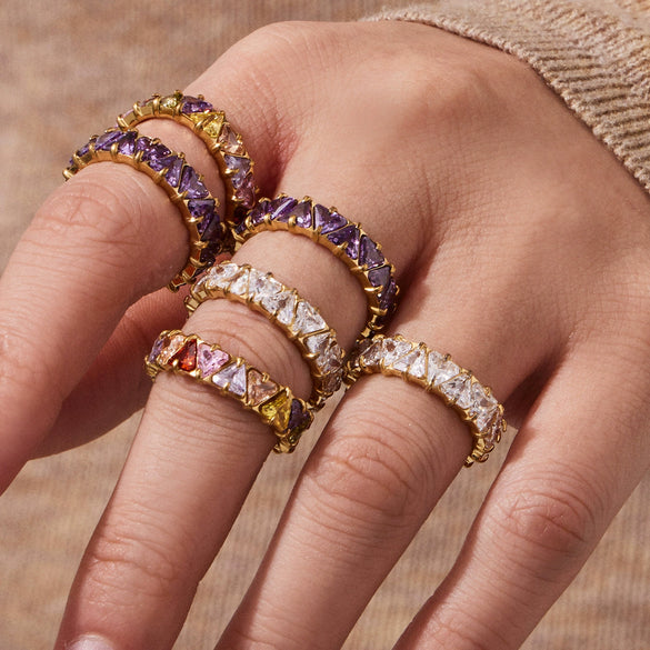 Wholesale Women's Light Luxury Geometric Inlaid Triangular Zircon Stainless Steel Electroplated Ring Hand Jewelry