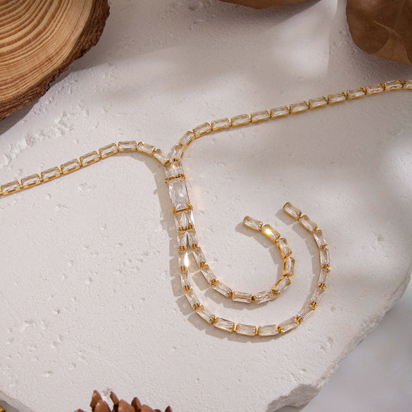Wholesale Women's Light Luxury Geometric 18K Real Gold Plated Bamboo Handmade Inlaid Zircon Tassel Necklace Sweater Chain