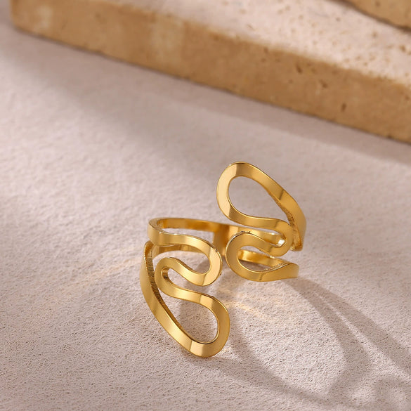 Wholesale Women's Light Luxury Geometric Lines Inlaid With Gold Stainless Steel Open Ring Hand Jewelry
