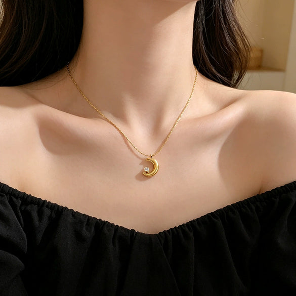 Wholesale Women's Light Luxury Geometric Moon Titanium Steel Real Gold Plated Necklace With Wheat Chain