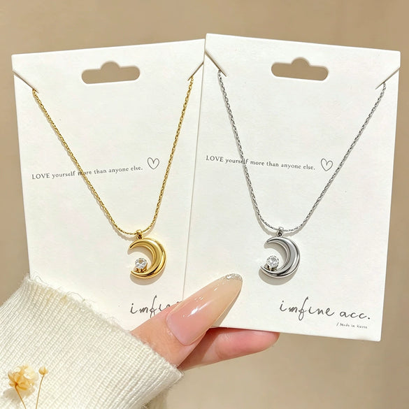 Wholesale Women's Light Luxury Geometric Moon Titanium Steel Real Gold Plated Necklace With Wheat Chain