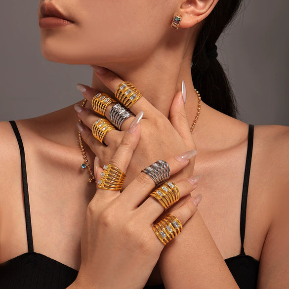 Wholesale Women's Light Luxury Geometric Multilayer Square Zircon Hollow 316L Stainless Steel Goldplated Ring