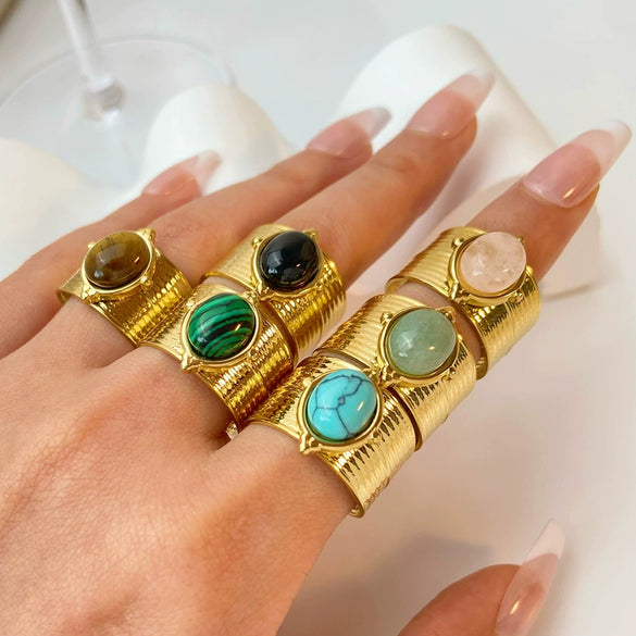 Wholesale Women's Light Luxury Geometric Natural Stone Ring Stainless Steel 18K Gold Plated