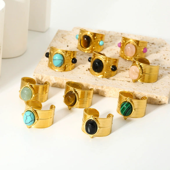 Wholesale Women's Light Luxury Geometric Natural Stone Ring Stainless Steel 18K Gold Plated
