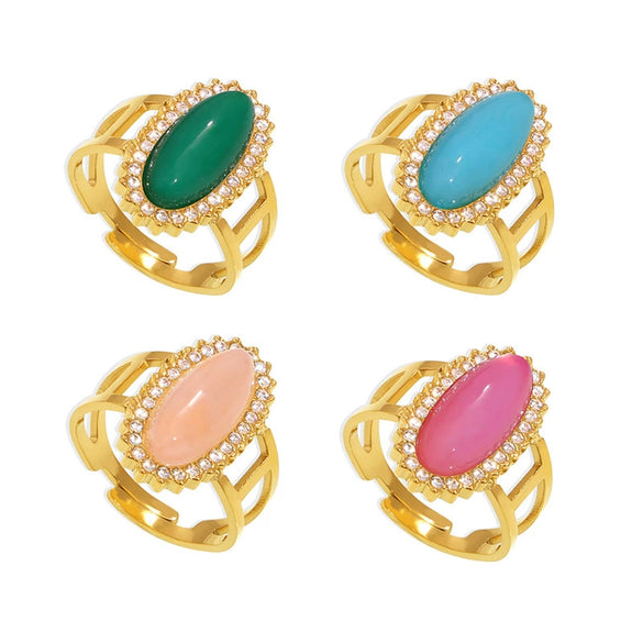 Wholesale Women's Light Luxury Geometric Open Ring Titanium Steel Zircon Natural Stone 18K Gold Plated