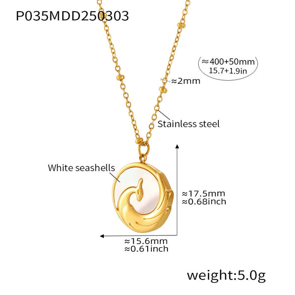 Wholesale Women's Light Luxury Geometric Pattern Ferris Wheel Embossed Phoenix Stainless Steel Goldplated White Sea Shell Round Pendant Clavicle Necklace