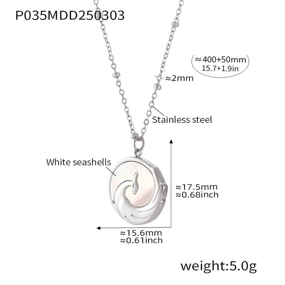 Wholesale Women's Light Luxury Geometric Pattern Ferris Wheel Embossed Phoenix Stainless Steel Goldplated White Sea Shell Round Pendant Clavicle Necklace
