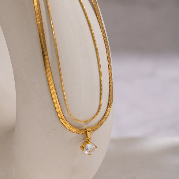 Wholesale Women's Light Luxury Geometric Snake Chain Necklace Stainless Steel 18K Real Gold Plated With Zircon Inlay