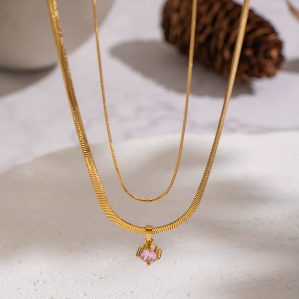 Wholesale Women's Light Luxury Geometric Snake Chain Necklace Stainless Steel 18K Real Gold Plated With Zircon Inlay