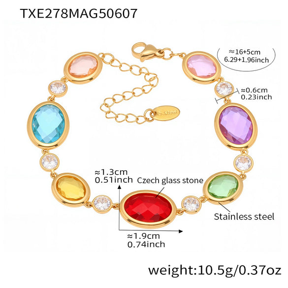 Wholesale Women's Light Luxury Geometric Stainless Steel And Czech Glass Stone Ferris Wheel Oval Faceted Electroplated Bracelet Jewelry