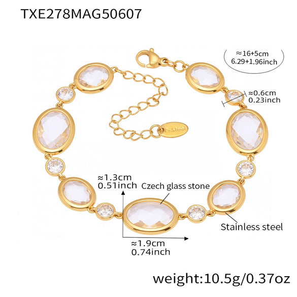 Wholesale Women's Light Luxury Geometric Stainless Steel And Czech Glass Stone Ferris Wheel Oval Faceted Electroplated Bracelet Jewelry