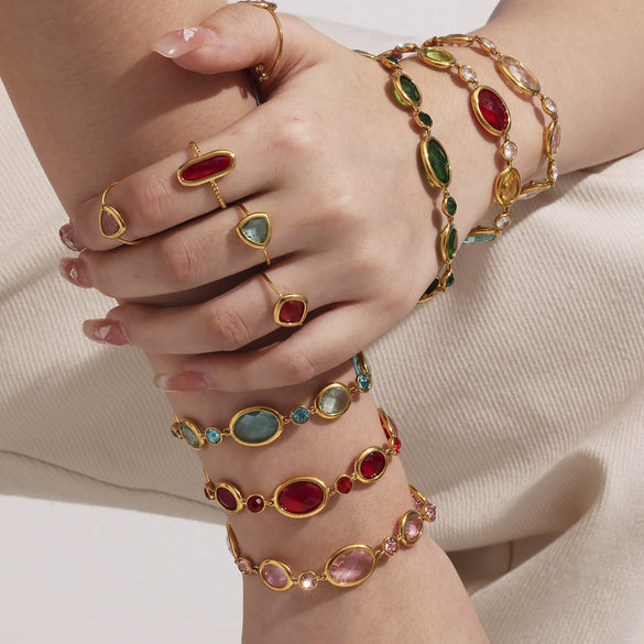 Wholesale Women's Light Luxury Geometric Stainless Steel And Czech Glass Stone Ferris Wheel Oval Faceted Electroplated Bracelet Jewelry