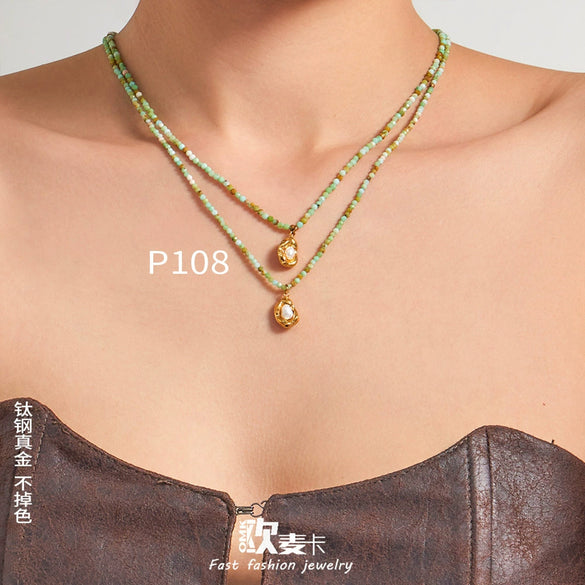 Wholesale Women's Light Luxury Geometric Stainless Steel Beaded Necklace With 18K Gold Plated Pendant