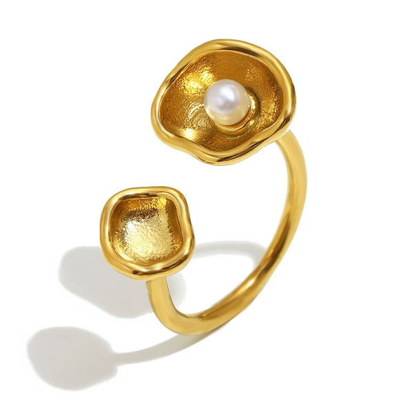 Wholesale Women's Light Luxury Geometric Stainless Steel Electroplated Clam Shell Pearl Open Ring Hand Jewelry