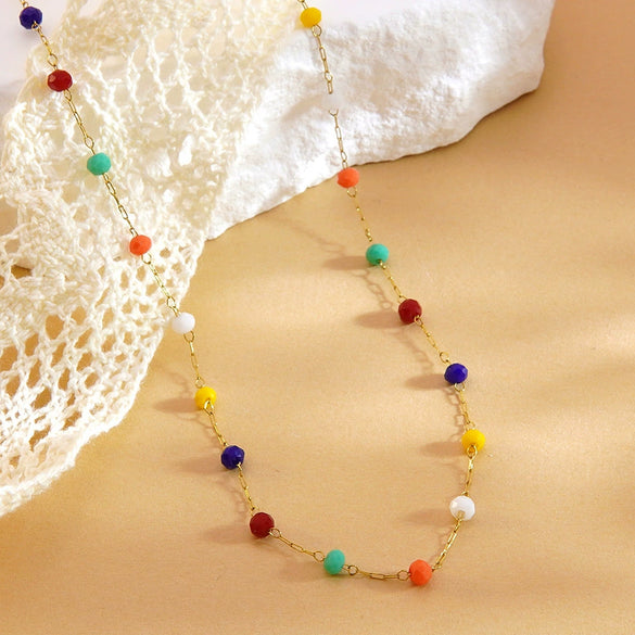 Wholesale Women's Light Luxury Geometric Stainless Steel Electroplated Colorful Seed Bead Singlelayer Necklace Jewelry