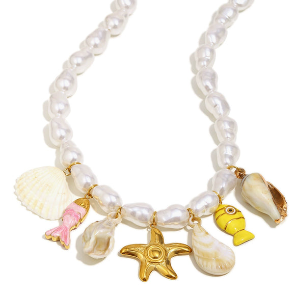 Wholesale Women's Light Luxury Geometric Stainless Steel Electroplated 18K Gold Baroque Imitation Pearl Starfish Shell Necklace
