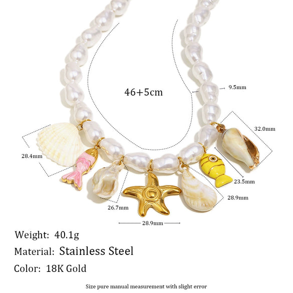 Wholesale Women's Light Luxury Geometric Stainless Steel Electroplated 18K Gold Baroque Imitation Pearl Starfish Shell Necklace