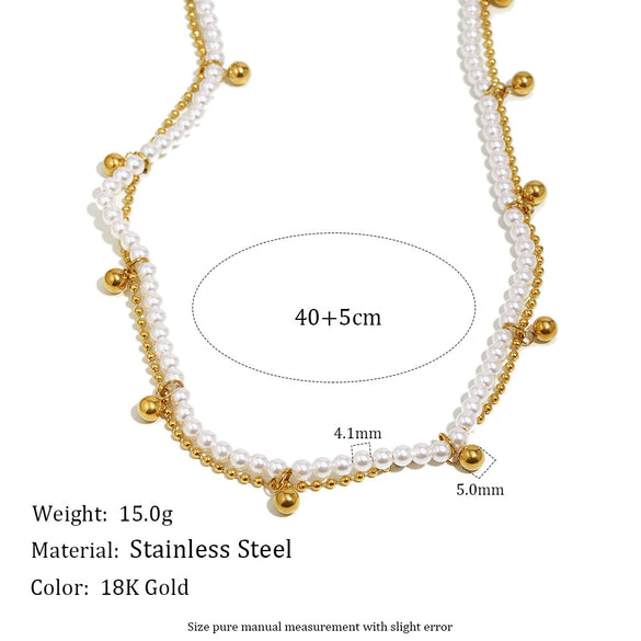 Wholesale Women's Light Luxury Geometric Stainless Steel Electroplated 18K Gold Imitation Pearl Ball Double Chain Necklace