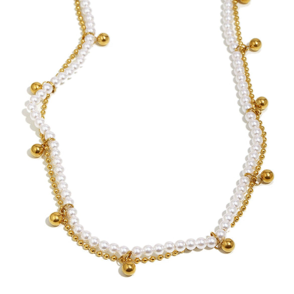 Wholesale Women's Light Luxury Geometric Stainless Steel Electroplated 18K Gold Imitation Pearl Ball Double Chain Necklace