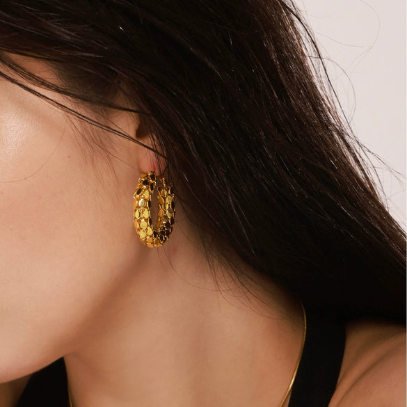 Wholesale Women's Light Luxury Geometric Stainless Steel Electroplated 18K Gold Plated Scale Earrings And Card Ring
