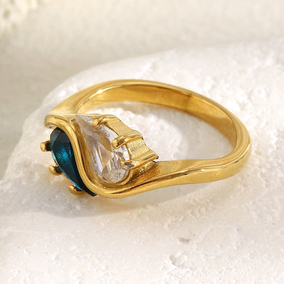 Wholesale Women's Light Luxury Geometric Stainless Steel Electroplated 18K Gold Water Drop Zircon Tai Chi Ring Hand Jewelry