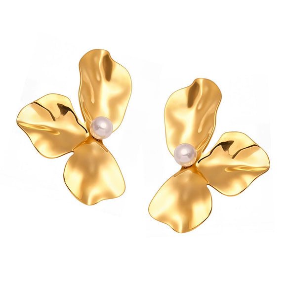 Wholesale Women's Light Luxury Geometric Stainless Steel Electroplated Pleated Petal Flower Earrings