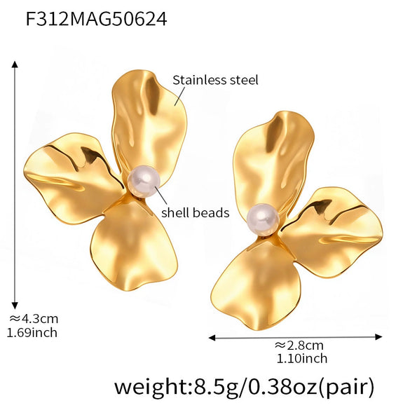 Wholesale Women's Light Luxury Geometric Stainless Steel Electroplated Pleated Petal Flower Earrings