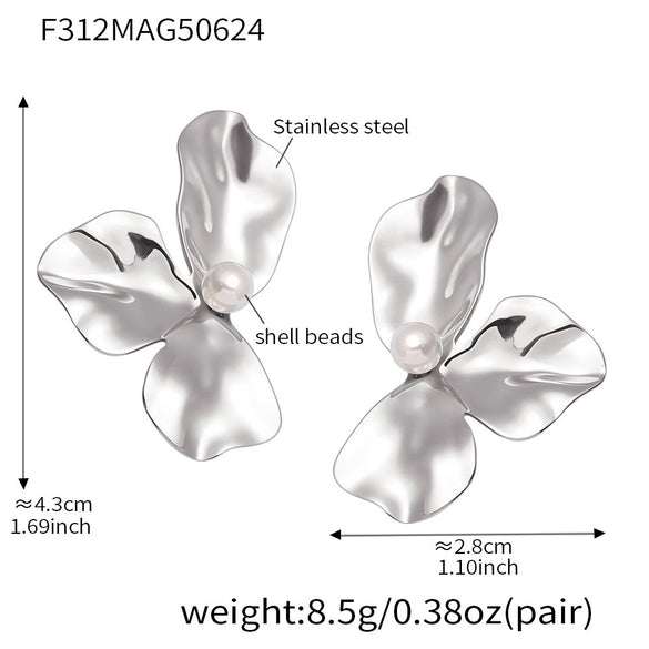 Wholesale Women's Light Luxury Geometric Stainless Steel Electroplated Pleated Petal Flower Earrings