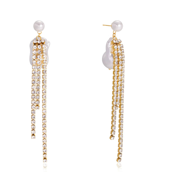 Wholesale Women's Light Luxury Geometric Stainless Steel Electroplated Rhinestone Imitation Baroque Pearl Earrings