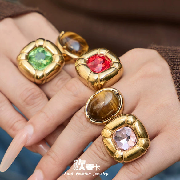 Wholesale Women's Light Luxury Geometric Stainless Steel Electroplated Ring Set With Tiger Eye Stone