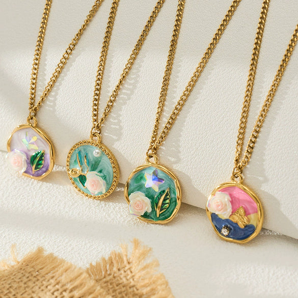 Wholesale Women's Light Luxury Geometric Stainless Steel Electroplated Round Pendant Necklace
