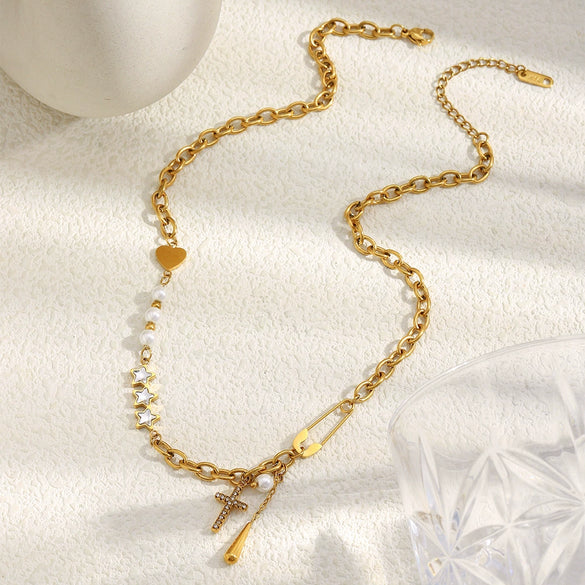 Wholesale Women's Light Luxury Geometric Stainless Steel Electroplated Tassel Cross Necklace