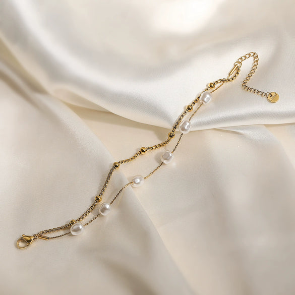 Wholesale Women's Light Luxury Geometric Stainless Steel Gold Plated String Pearl Bracelet