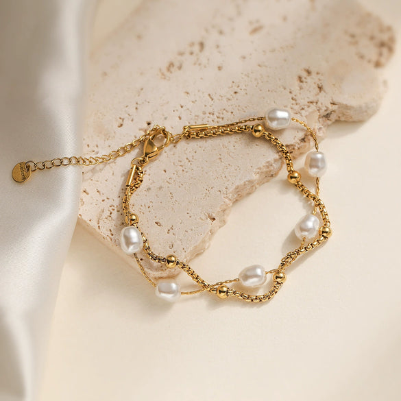 Wholesale Women's Light Luxury Geometric Stainless Steel Gold Plated String Pearl Bracelet