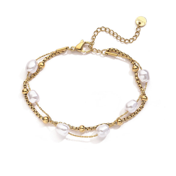 Wholesale Women's Light Luxury Geometric Stainless Steel Gold Plated String Pearl Bracelet